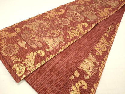 平和屋着物▽全通柄袋帯 スリーシーズン 春夏秋 草花文 金糸 正絹 逸品 DABC8587cm