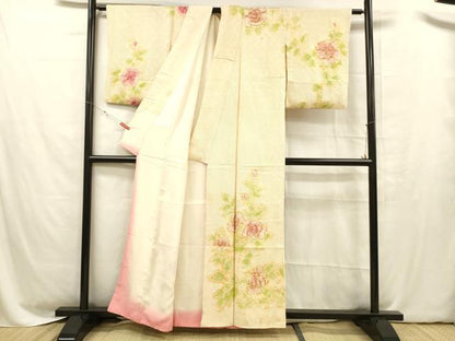 平和屋着物■訪問着　総絞り　駒刺繍　草花文　金彩　正絹　逸品　DABC8591cm