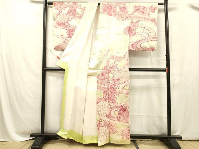 平和屋着物■訪問着　絞り　流水草花文　暈し染め　正絹　逸品　DABC8593cm