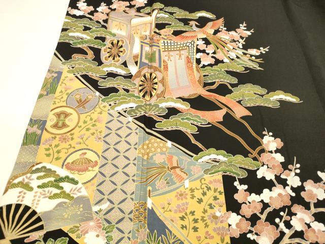 平和屋着物■豪華黒留袖 御所車鳳凰梅松文 金彩 正絹 逸品 DABC8607cm