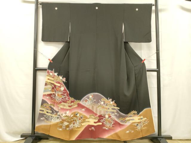 平和屋着物■豪華黒留袖 駒刺繍 草花文 暈し染め 金彩 正絹 逸品 DABC8609cm