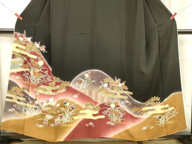 平和屋着物■豪華黒留袖 駒刺繍 草花文 暈し染め 金彩 正絹 逸品 DABC8609cm