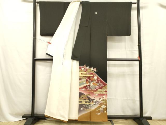 平和屋着物■豪華黒留袖 駒刺繍 草花文 暈し染め 金彩 正絹 逸品 DABC8609cm