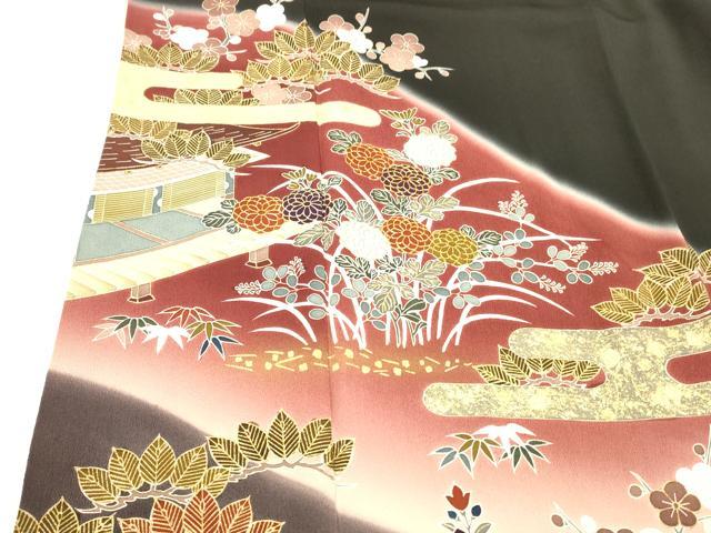 平和屋着物■豪華黒留袖 駒刺繍 草花文 暈し染め 金彩 正絹 逸品 DABC8609cm