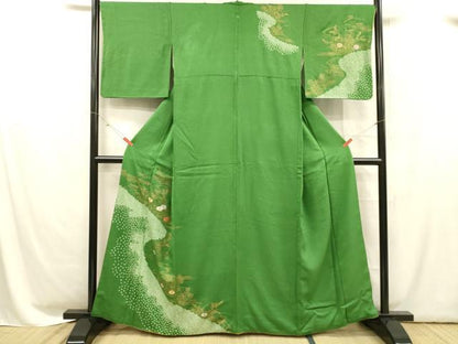 平和屋着物■訪問着 絞り 刺繍 笹の葉草花文 金彩 正絹 逸品 DABC8618cm
