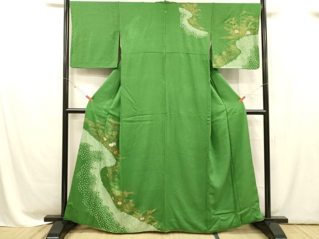 平和屋着物■訪問着 絞り 刺繍 笹の葉草花文 金彩 正絹 逸品 DABC8618cm