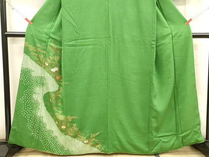 平和屋着物■訪問着 絞り 刺繍 笹の葉草花文 金彩 正絹 逸品 DABC8618cm