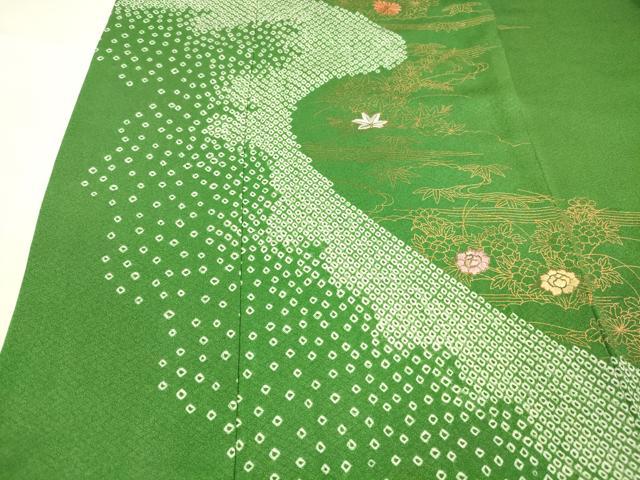 平和屋着物■訪問着 絞り 刺繍 笹の葉草花文 金彩 正絹 逸品 DABC8618cm