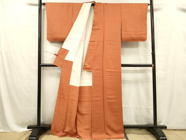 平和屋着物■上質な色無地 紗綾形地紋 樺色 正絹 逸品 未使用 DABC8629cm