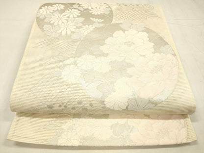 平和屋着物＊夏物 六通柄袋帯 流水草花文 銀糸 正絹 逸品 DABC8639cm