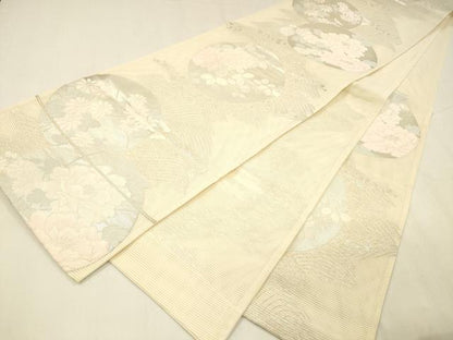 平和屋着物＊夏物 六通柄袋帯 流水草花文 銀糸 正絹 逸品 DABC8639cm