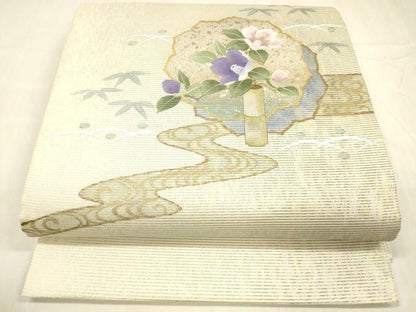 平和屋着物＊夏物 六通柄袋帯 流水飾花文 金彩 引箔 正絹 逸品 DABC8641cm