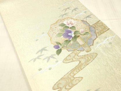 平和屋着物＊夏物 六通柄袋帯 流水飾花文 金彩 引箔 正絹 逸品 DABC8641cm