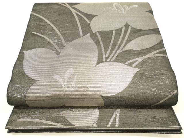平和屋着物＊夏物 六通柄 本袋帯 草花文 黒地 銀糸 正絹 逸品 DABC8642cm