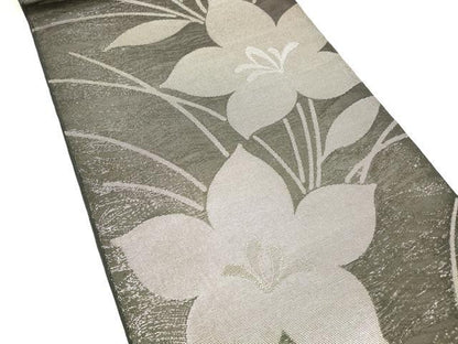 平和屋着物＊夏物 六通柄 本袋帯 草花文 黒地 銀糸 正絹 逸品 DABC8642cm