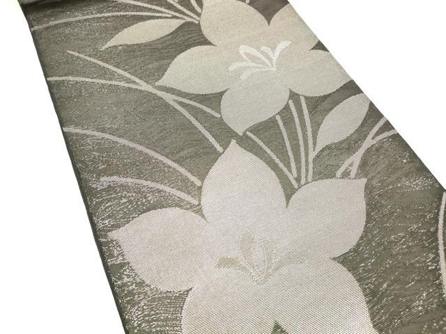 平和屋着物＊夏物 六通柄 本袋帯 草花文 黒地 銀糸 正絹 逸品 DABC8642cm
