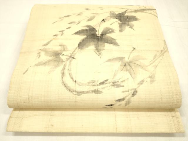 平和屋着物＊夏物 工芸染織 むら田 九寸開き名古屋帯 手描き 枝葉文 たとう紙付き 麻 逸品 DABC8645cm