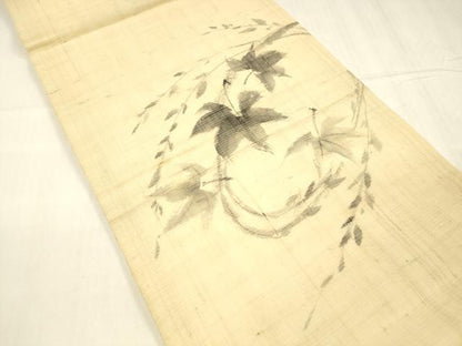 平和屋着物＊夏物 工芸染織 むら田 九寸開き名古屋帯 手描き 枝葉文 たとう紙付き 麻 逸品 DABC8645cm