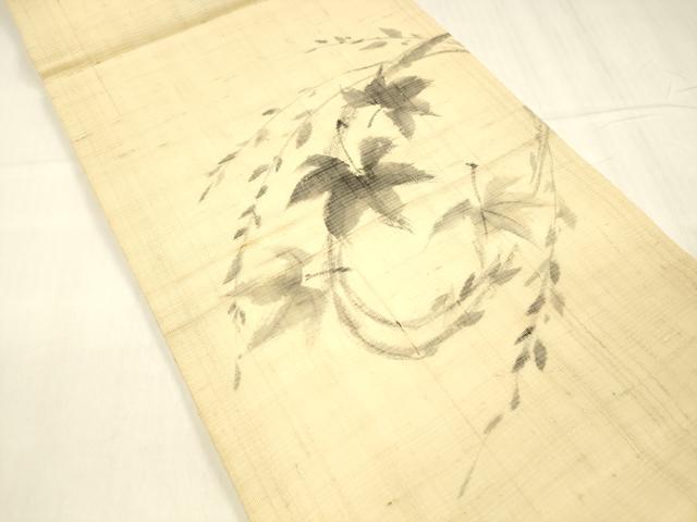 平和屋着物＊夏物 工芸染織 むら田 九寸開き名古屋帯 手描き 枝葉文 たとう紙付き 麻 逸品 DABC8645cm
