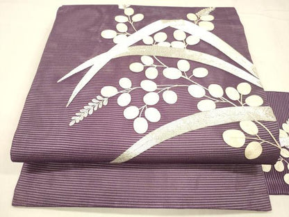 平和屋着物＊夏物 九寸名古屋帯 駒刺繍 総刺繍 草葉文 正絹 逸品 DABC8651cm