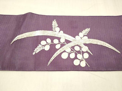 平和屋着物＊夏物 九寸名古屋帯 駒刺繍 総刺繍 草葉文 正絹 逸品 DABC8651cm