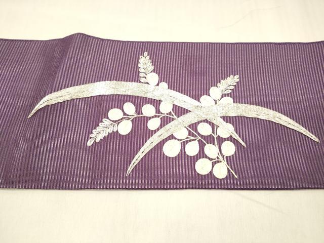 平和屋着物＊夏物 九寸名古屋帯 駒刺繍 総刺繍 草葉文 正絹 逸品 DABC8651cm