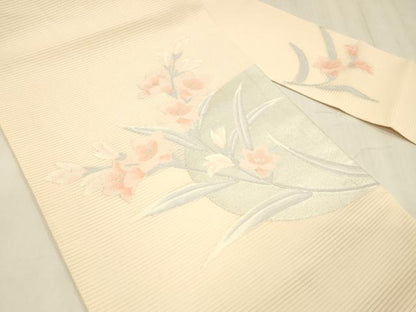 平和屋着物＊夏物 九寸名古屋帯 草花文 銀糸 正絹 逸品 DABC8653cm