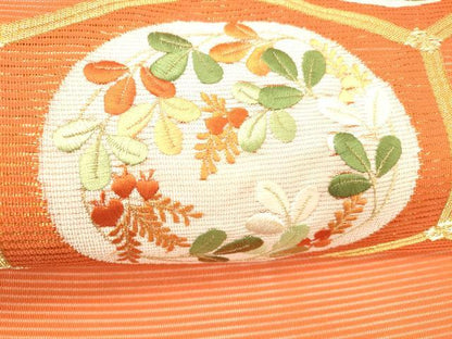 平和屋着物＊夏物 九寸名古屋帯 刺繍 吉祥草花文 金銀糸 正絹 逸品 DABC8656cm