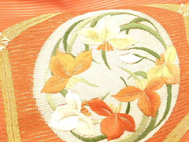 平和屋着物＊夏物 九寸名古屋帯 刺繍 吉祥草花文 金銀糸 正絹 逸品 DABC8656cm