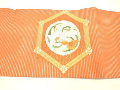 平和屋着物＊夏物 九寸名古屋帯 刺繍 吉祥草花文 金銀糸 正絹 逸品 DABC8656cm