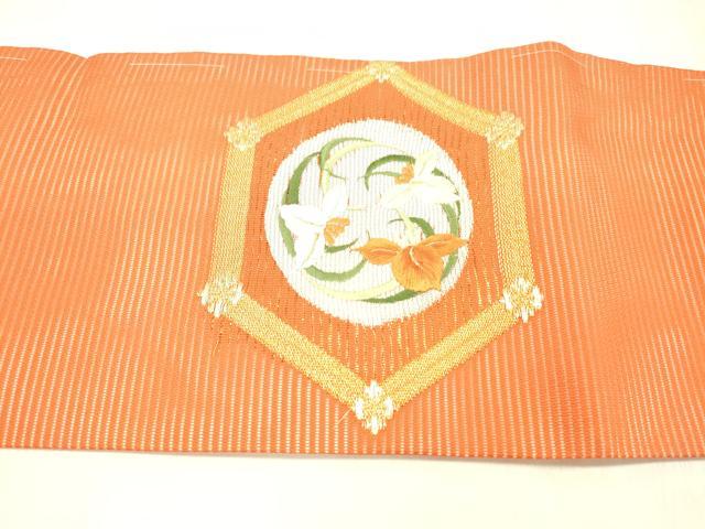 平和屋着物＊夏物 九寸名古屋帯 刺繍 吉祥草花文 金銀糸 正絹 逸品 DABC8656cm