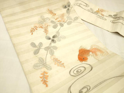 平和屋着物＊夏物　アンティーク　大正ロマン　九寸名古屋帯　総刺繍　流水枝葉文　金魚　金銀糸　正絹　逸品　DABC8657cm