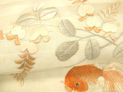平和屋着物＊夏物　アンティーク　大正ロマン　九寸名古屋帯　総刺繍　流水枝葉文　金魚　金銀糸　正絹　逸品　DABC8657cm