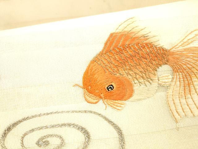 平和屋着物＊夏物　アンティーク　大正ロマン　九寸名古屋帯　総刺繍　流水枝葉文　金魚　金銀糸　正絹　逸品　DABC8657cm