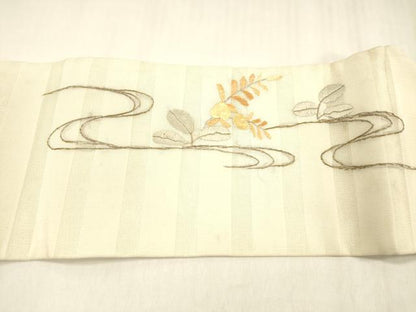 平和屋着物＊夏物　アンティーク　大正ロマン　九寸名古屋帯　総刺繍　流水枝葉文　金魚　金銀糸　正絹　逸品　DABC8657cm