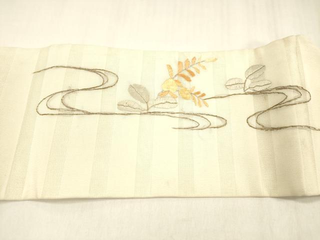 平和屋着物＊夏物　アンティーク　大正ロマン　九寸名古屋帯　総刺繍　流水枝葉文　金魚　金銀糸　正絹　逸品　DABC8657cm