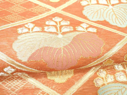 平和屋着物＊夏物 六通柄袋帯 草花文 金銀糸 正絹 逸品 DABC8662cm