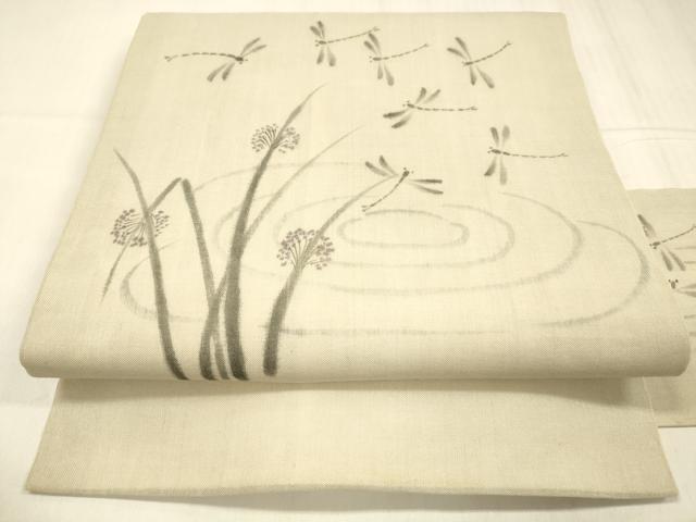 平和屋着物＊夏物 九寸名古屋帯 作家物 手描き 流水蜻蛉草花文 正絹 逸品 DABC8663cm