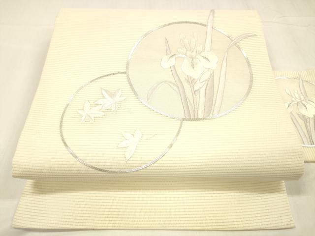 平和屋着物＊夏物 九寸名古屋帯 駒刺繍 総刺繍 草花文 銀糸 正絹 逸品 DABC8669cm