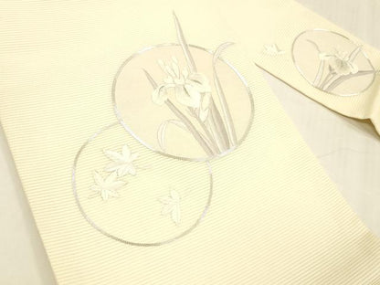 平和屋着物＊夏物 九寸名古屋帯 駒刺繍 総刺繍 草花文 銀糸 正絹 逸品 DABC8669cm