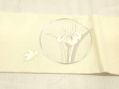 平和屋着物＊夏物 九寸名古屋帯 駒刺繍 総刺繍 草花文 銀糸 正絹 逸品 DABC8669cm