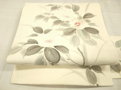 平和屋着物＊夏物 九寸名古屋帯 作家物 手描き 刺繍 草花文 銀彩 正絹 逸品 DABC8675cm