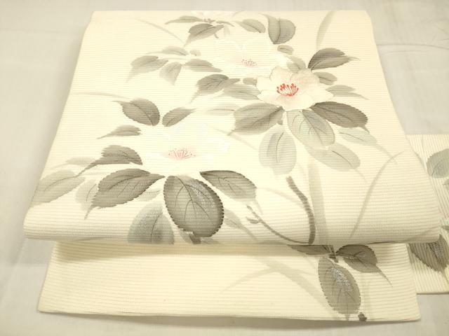 平和屋着物＊夏物 九寸名古屋帯 作家物 手描き 刺繍 草花文 銀彩 正絹 逸品 DABC8675cm