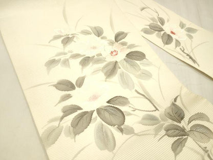 平和屋着物＊夏物 九寸名古屋帯 作家物 手描き 刺繍 草花文 銀彩 正絹 逸品 DABC8675cm