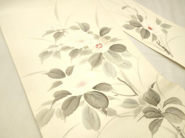 平和屋着物＊夏物 九寸名古屋帯 作家物 手描き 刺繍 草花文 銀彩 正絹 逸品 DABC8675cm