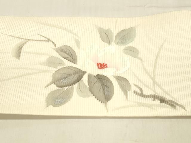 平和屋着物＊夏物 九寸名古屋帯 作家物 手描き 刺繍 草花文 銀彩 正絹 逸品 DABC8675cm
