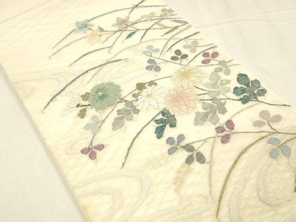 平和屋着物＊夏物 太鼓柄袋帯 流水草花文 金銀糸 正絹 逸品 DABC8687cm