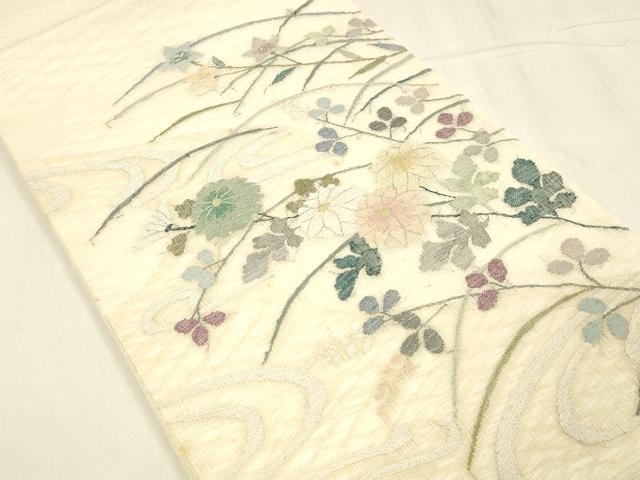 平和屋着物＊夏物 太鼓柄袋帯 流水草花文 金銀糸 正絹 逸品 DABC8687cm