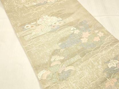 平和屋着物＊夏物 六通柄袋帯 草花文 金銀糸 正絹 逸品 DABC8694cm