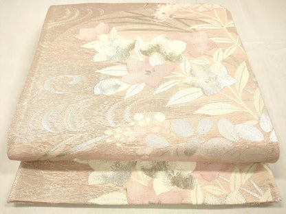 平和屋着物＊夏物 六通柄袋帯 流水草花文 銀糸 正絹 逸品 DABC8695cm
